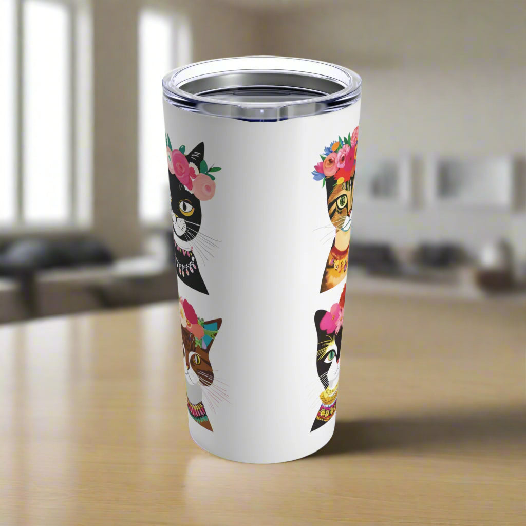 A 20oz stainless steel tumbler with a see-through plastic lid, featuring a glossy finish. The tumbler has a motivational message 'There is Only One Just Like You' and illustrations of cats with floral crowns.