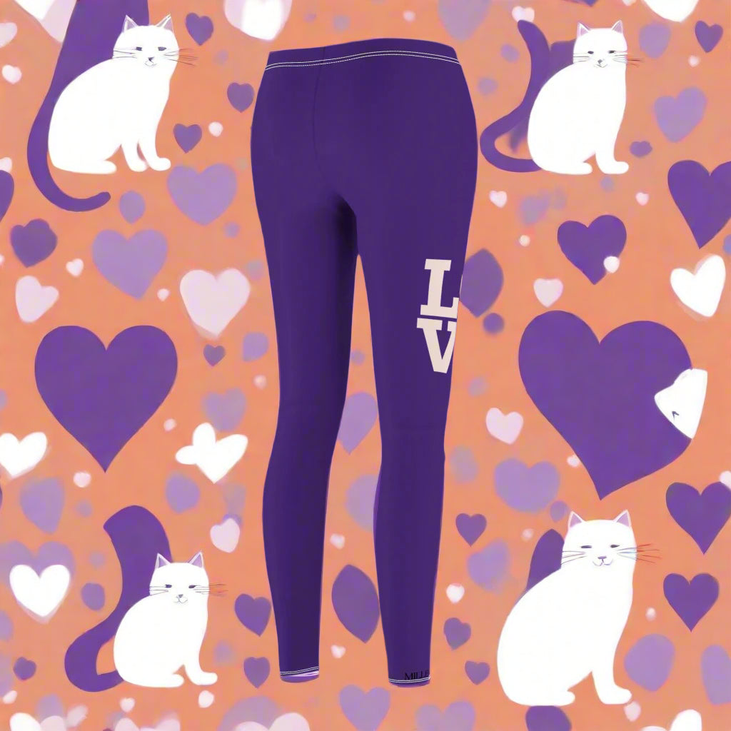 Purple leggings with the word "Love" in white lettering on the right thigh